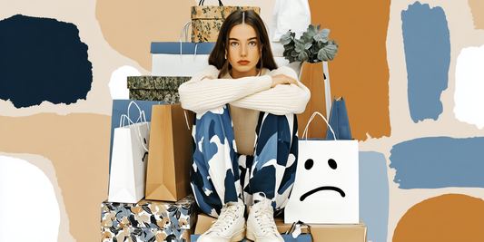 A woman sitting on top of shopping bags, with a sad expression on her face.